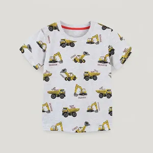 Boys Casual Cotton Short Sleeve T-Shirt Cartoon Yellow Construction Vehicle Printed Round Neck Top Summer Kids Clothing