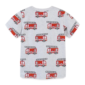Kids grey short sleeve T-shirt with red fire truck cartoon print and crew neck