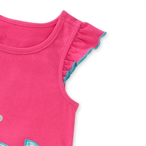 Ensemble fille en coton rose vif avec manches à volants et liseré bleu contrasté