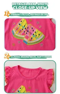 Detail of pink cotton girl's top featuring a watermelon patchwork embroidery and ruffled sleeves