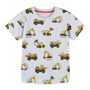 Short-sleeve grey cotton T-shirt for boys with yellow construction vehicle pattern