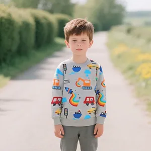 Boys Cartoon Transportation Print Sweatshirt 100% Cotton Long Sleeve Crew Neck Gray Pullover Top For Kids Autumn Wear