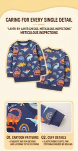 Detail view of navy blue kids dinosaur sweatshirt with ribbed cuffs and cotton texture