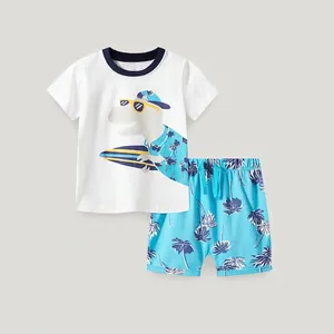 Boys Summer Two Piece Clothing Set Cotton Short Sleeve Dinosaur Printed T-Shirt And Tropical Palm Tree Shorts Casual Outfit