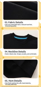 Detailed views of the knit fabric, ribbed crewneck, and elastic hem on the boys' sweatshirt