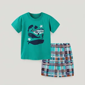 Boys Summer Short Sleeve Cotton T-Shirt And Plaid Shorts Top And Pants Outfit Set Marine Animal Whale Print Kids Clothes