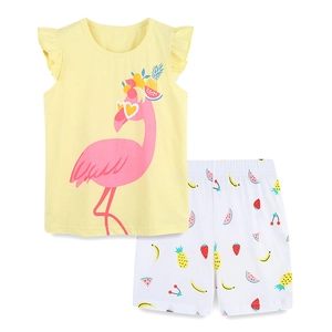 Completo estivo in cotone per bambini con canotta fenicottero e pantaloncini frutta
