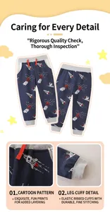 Detail of boys' navy joggers with rocket prints, red drawstrings and ribbed cuffs