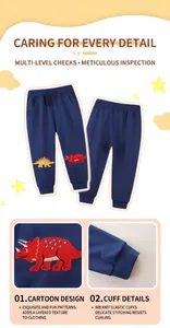 Detail view of navy blue kids joggers with colorful dinosaur embroidery and ribbed cuffs