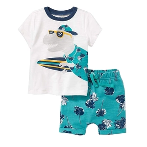 Boys two-piece summer set with cartoon dinosaur t-shirt and tropical print shorts
