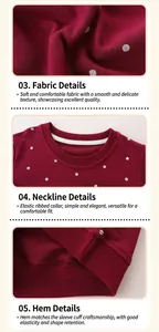 Detail view of burgundy girls' sweatshirt with white polka dots and ribbed collar texture