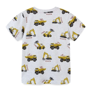 Short sleeve kids t-shirt in grey with yellow construction vehicle excavator prints
