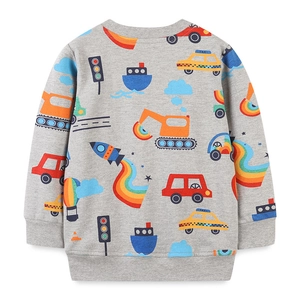 Light gray toddler sweatshirt with colorful cartoon taxi and rocket print pattern