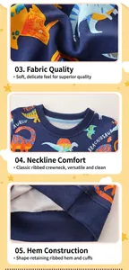 Detail of soft cotton fabric and ribbed neckline of a boys' dinosaur sweatshirt