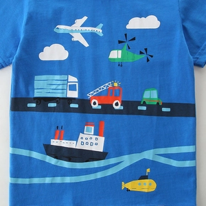 Blue cotton boys' T-shirt with colorful cartoon transport prints and classic crew neck