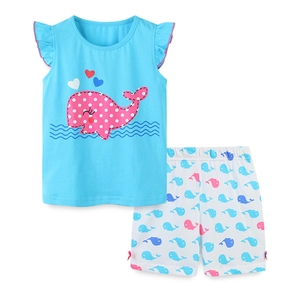 Sky blue toddler girl summer set with whale print t-shirt and patterned shorts