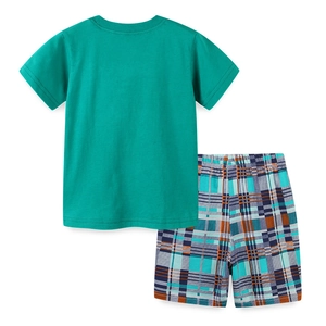 Toddler boys summer two-piece outfit with green short sleeve t-shirt and plaid shorts