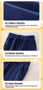 Detail of dark blue kids joggers featuring elastic waistband and soft knit fabric
