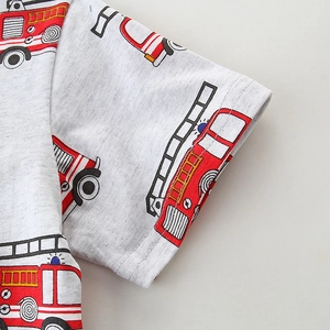 Kids grey short sleeve cotton t-shirt featuring a red fire truck cartoon print