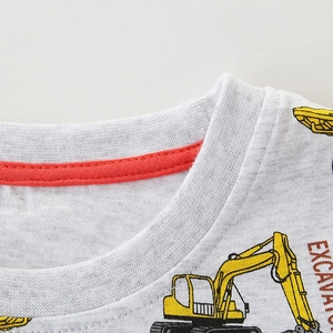 Kids grey crew neck cotton T-shirt with yellow excavator print and ribbed neckline