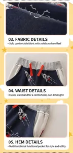 Detailed views of cotton knit fabric, elastic ribbed waistband, and orange drawstring