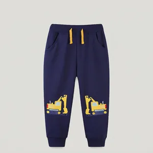 Boys Cotton Cartoon Excavator Embroidery Sweatpants Toddler Sport Pants European Style Navy Blue Casual Long Trousers
