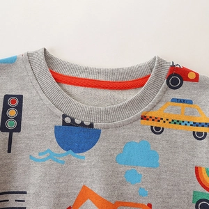 Gray cotton crewneck boys sweatshirt featuring colorful cartoon vehicle prints