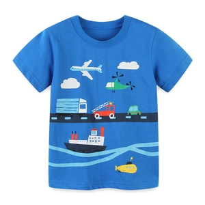 Kids bright blue cotton T-shirt with colorful cartoon transport prints on white background
