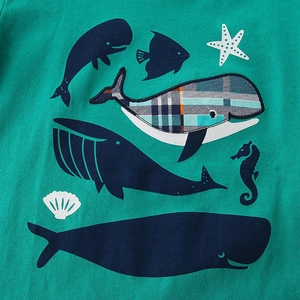 Green knit boys summer set with blue whale patchwork and sea creature prints