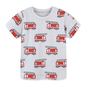 Kids grey short sleeve T-shirt with red fire truck print and classic round neck