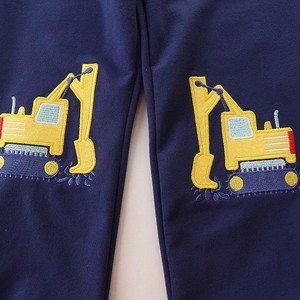 Dark blue boys sweatpants with high-quality cartoon excavator embroidery details