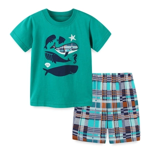 Boys summer two-piece outfit with green ocean whale t-shirt and plaid shorts