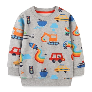 Gray long sleeve boys sweatshirt with red collar trim and colorful vehicle cartoon prints
