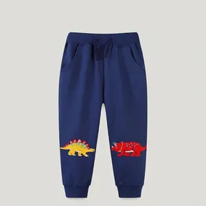 Boys 100% Cotton Dinosaur Embroidered Joggers Navy Blue Elastic Waist Sweatpants For Children Casual Sports Pants