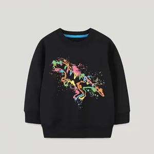 Boys Casual Dinosaur Print Long Sleeve Cotton Sweatshirt Black Pullover Kids Fall Spring Fashion Clothes Top