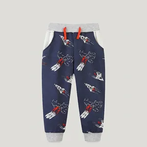 Boys Casual Cotton Jogger Pants Cartoon Rocket Print Elastic Waist Sweatpants With Drawstring Navy Blue Kids Sporty Trousers