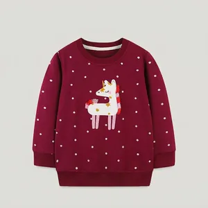 Girls Burgundy 100% Cotton Long Sleeve Sweatshirt With Unicorn Embroidery And Polka Dots Casual Autumn Pullover Top
