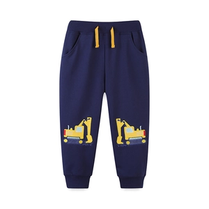 Dark blue boys sweatpants with yellow drawstring and excavator embroidery details