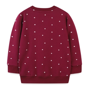 Girls burgundy long sleeve crewneck sweatshirt with white polka dots pattern