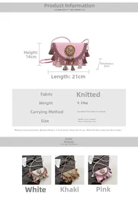 Detail view of Bohemian knit crossbody bag showing dimensions and fringe decorations