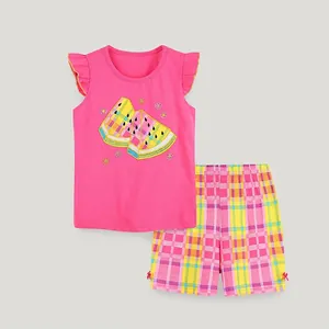 Girls Summer Western Style Cotton Clothing Set Pink Watermelon Embroidery Sleeveless Ruffle Top Plaid Shorts Casual Kids Outfit