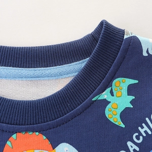 Close-up of boys long sleeve cotton sweatshirt with colorful cartoon dinosaur prints
