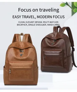 Detail of vintage PU leather backpacks with woven handle and metal deer logo accents