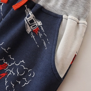 Boys' navy jogger pants with orange drawstring and space rocket print detailing
