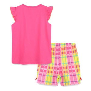 Girls summer set with bright pink ruffle sleeveless top and colorful plaid shorts