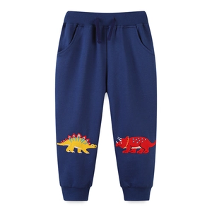 Navy blue kids dinosaur jogger pants with elastic drawstring waist and ribbed cuffs
