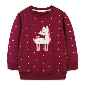 Girls long-sleeve burgundy polka dot sweatshirt with detailed unicorn embroidery patch