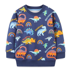 Navy blue kids sweatshirt with colorful dinosaur prints and rainbow patterns in soft cotton