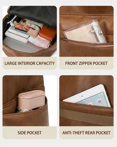 Detailed views of brown leather backpack with large capacity and anti-theft pocket