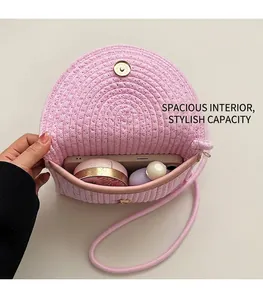 Internal view of pink crochet crossbody bag showing spacious capacity for cosmetics